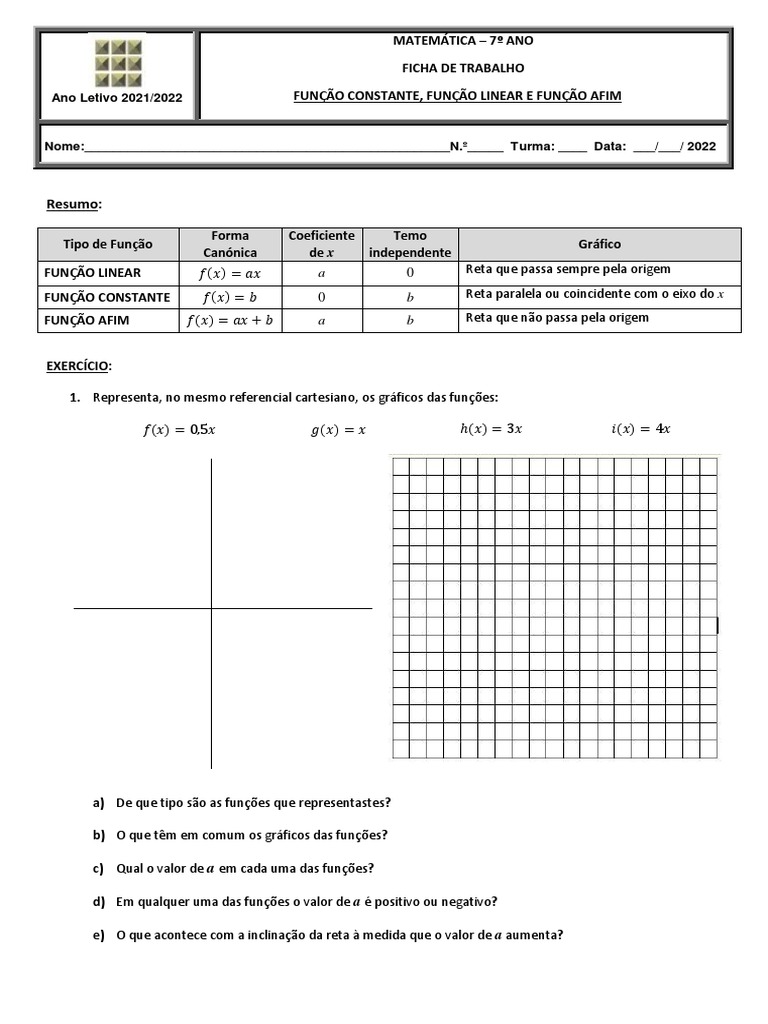 Função Linear, Constante e Afim | PDF