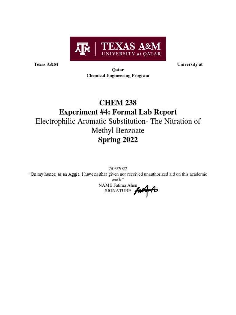CHEM 238 Experiment 4 Formal Lab Report Electrophilic Aromatic