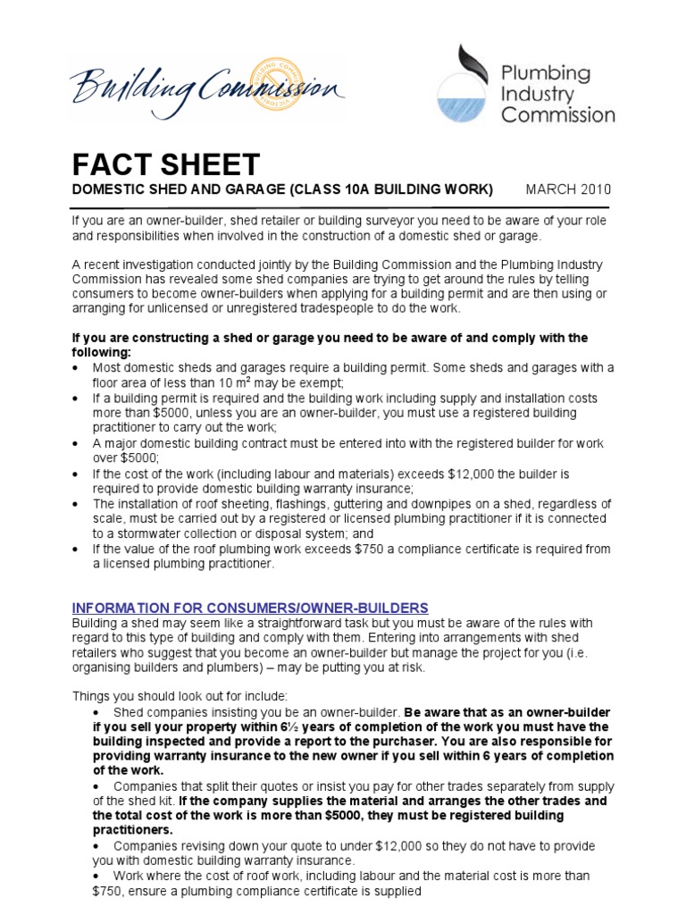 Class 10A Building Fact Sheet March 2010 PDF Shed Plumbing