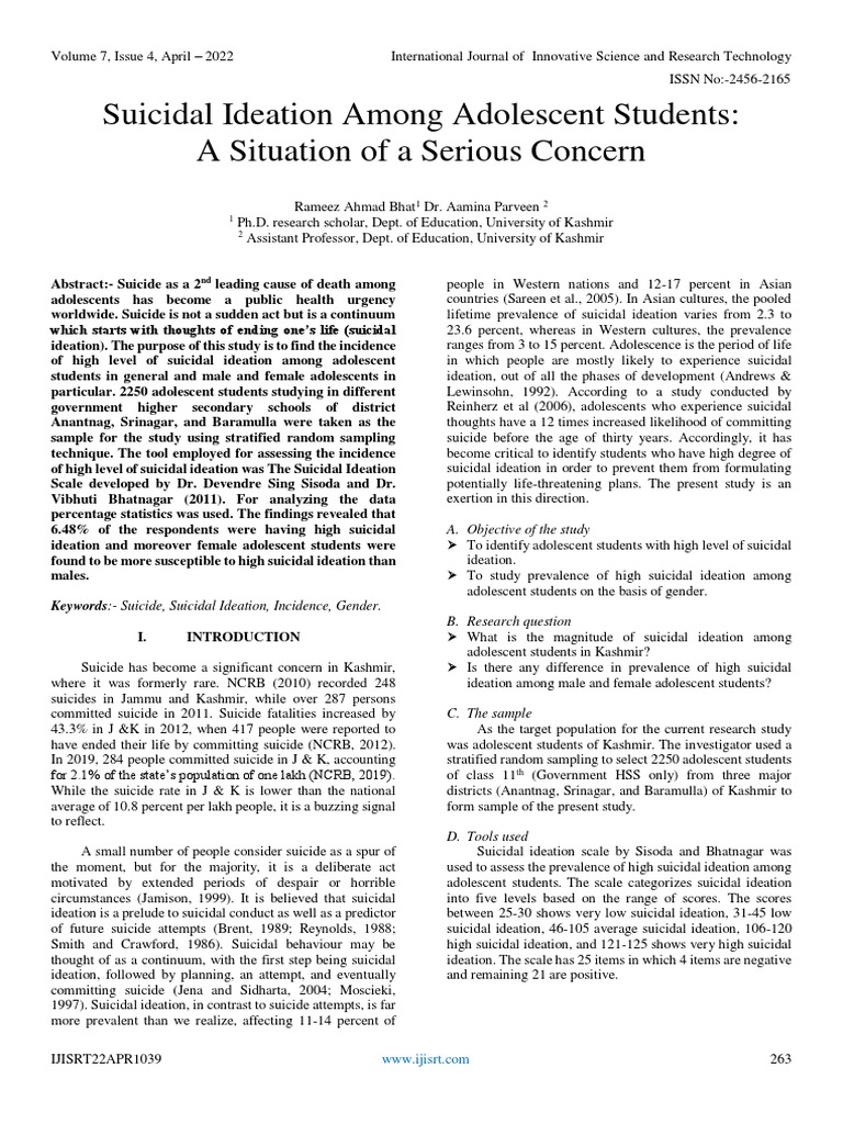 Suicidal Ideation Among Adolescent Students A Situation of A Serious ...