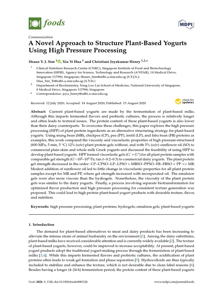 Foods A Novel Approach To Structure PlantBased Yogurts Using High