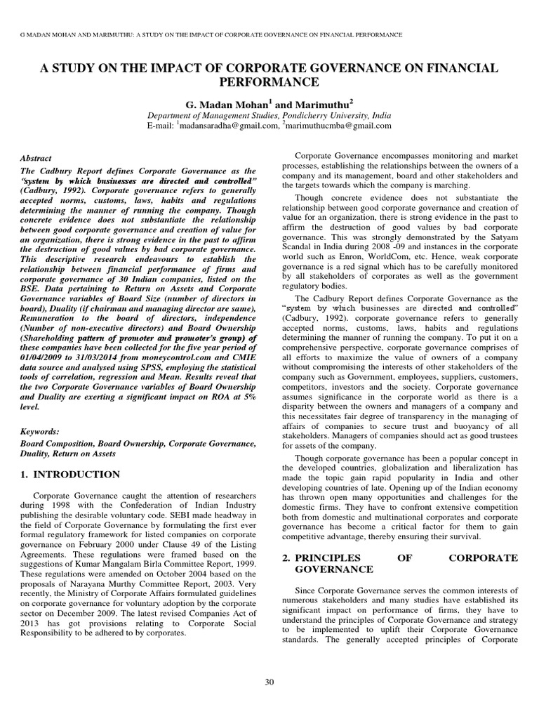 A Study On The Impact of Corporate Governance On Financial Performance ...