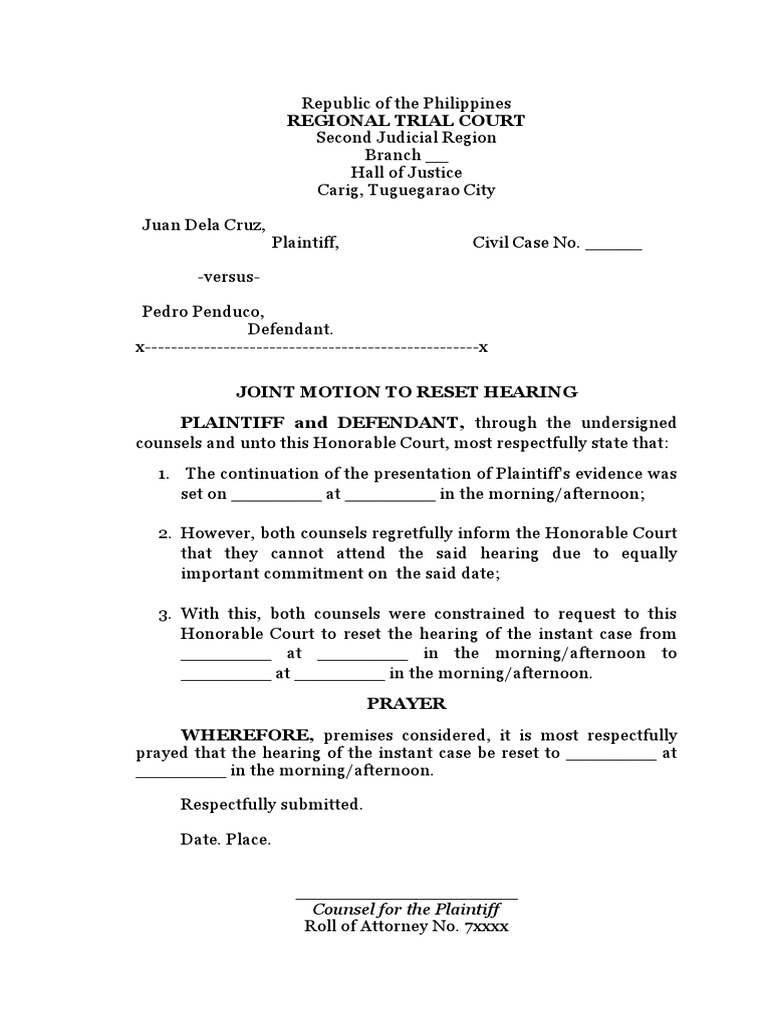 Joint Motion to Reset Hearing in Court | PDF