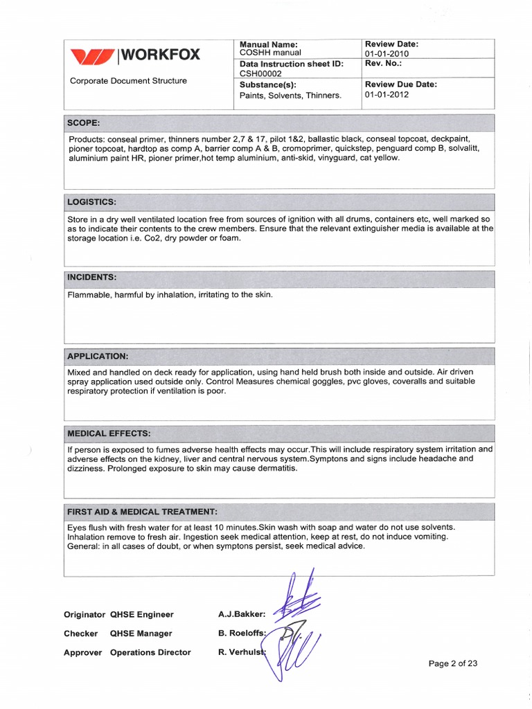 COSHH Sheet 2 Paints, Solvents, Thinners PDF