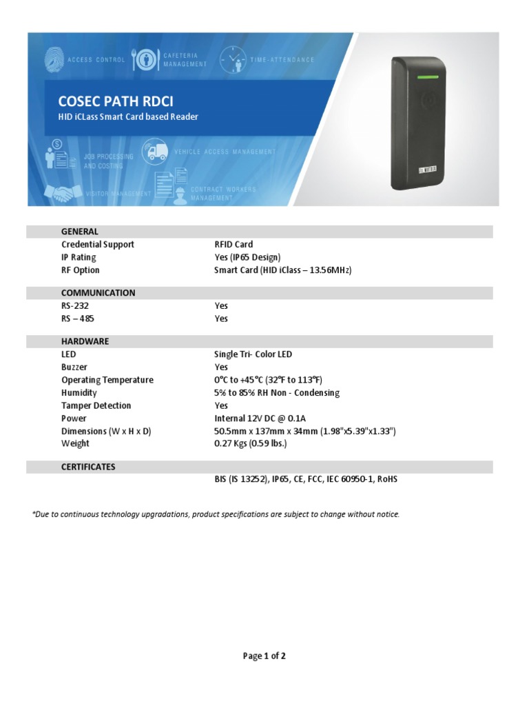 Technical Specification COSEC PATH RDCI | PDF | Smart Card ...