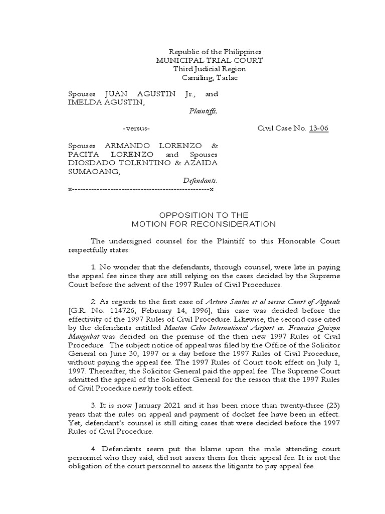 Opposition to Motion for Reconsideration | PDF | Lawsuit | Appeal