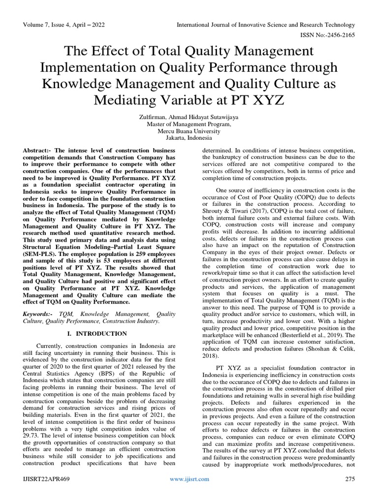 The Effect of Total Quality Management Implementation On Quality ...