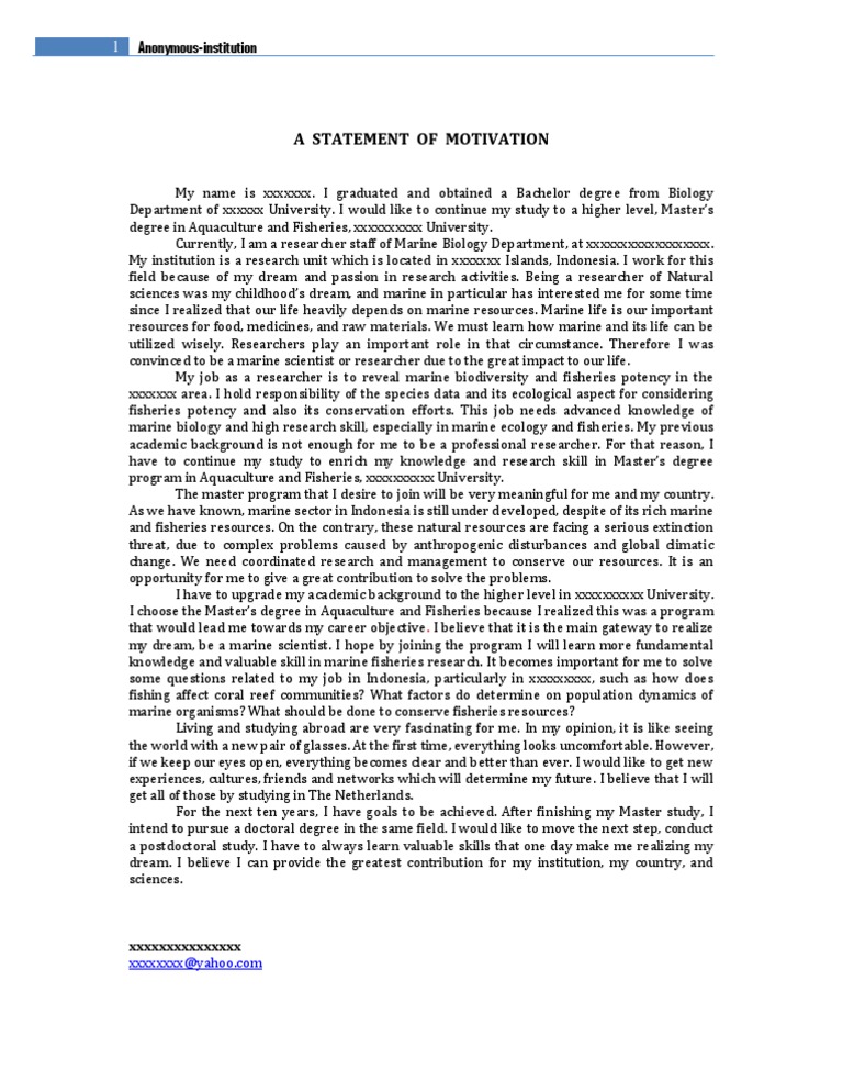 Motivation Letter Example | PDF | Academic Degree | Marine Biology