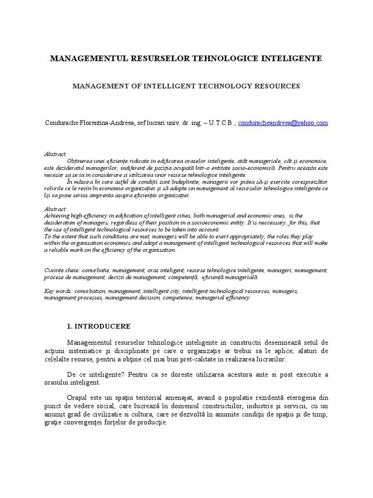 Managementul Resurselor Tehnologice Inteligente-Sinuc 2016 | PDF