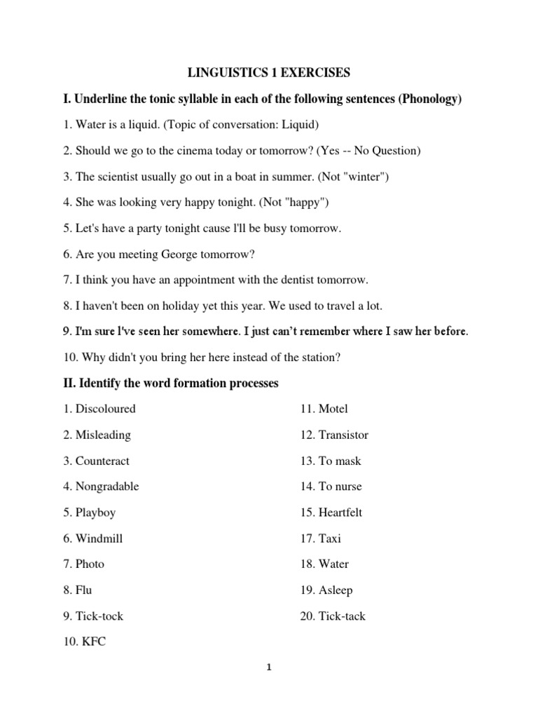 Linguistics 1 Pratice Exercise | PDF | Word | Morphology (Linguistics)