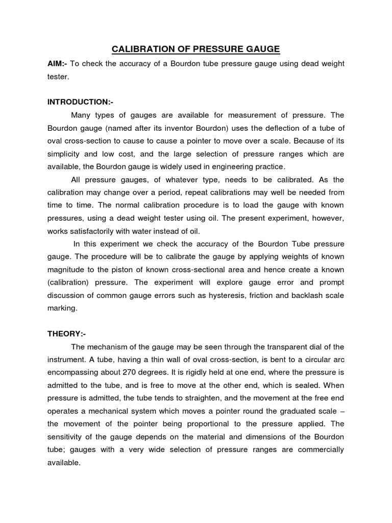 Calibration of Pressure Gauge PDF Pressure Measurement Calibration