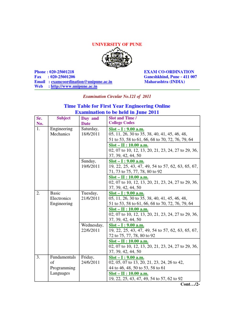 Pune University Engineering Exam Timetable | PDF