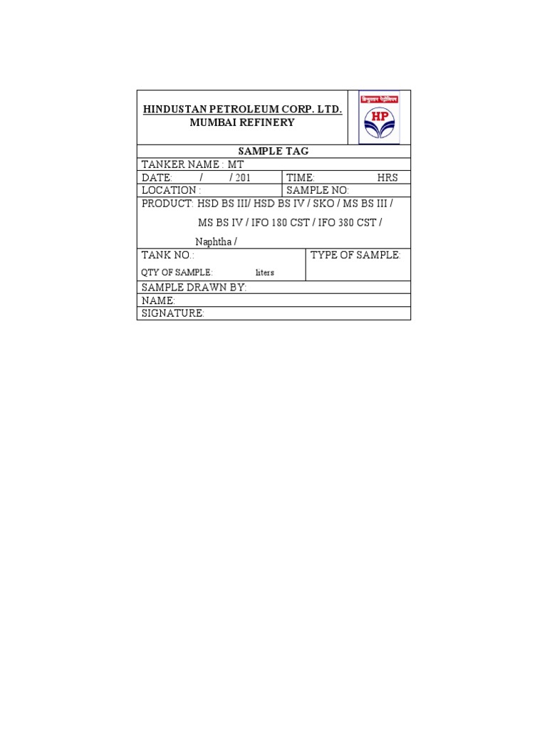 HPCL Mumbai Refinery Sample Tag Template | PDF | Technology & Engineering