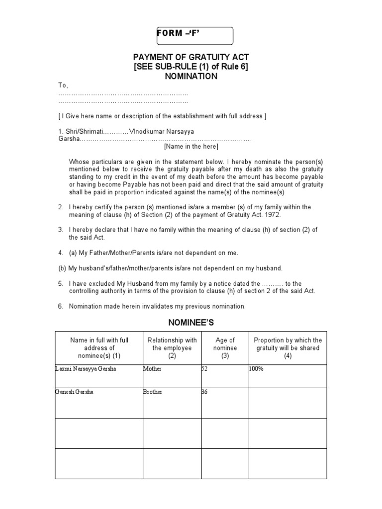 FORM F Gratuity PDF Government Justice