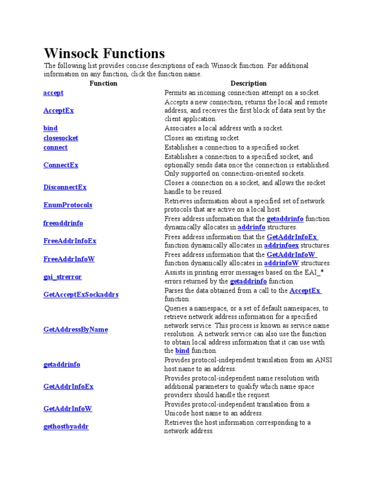 Overview of Winsock Functions | PDF