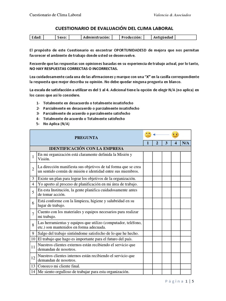 Cuestionario De Evaluación Del Clima Laboral Pdf Cuestionario