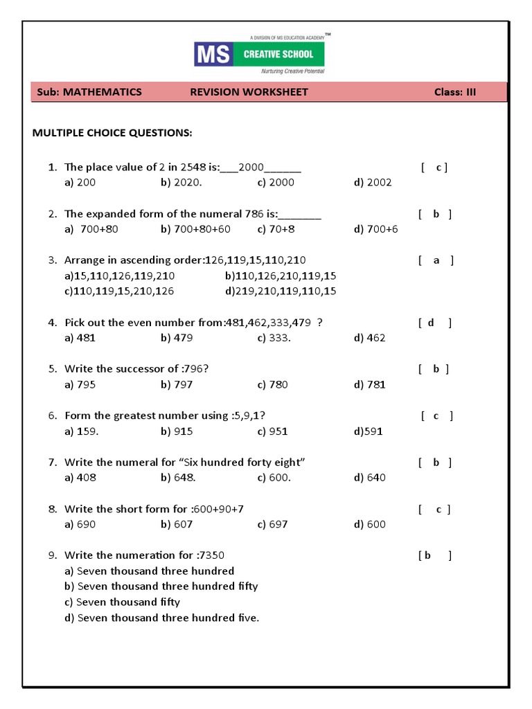 3 Class Revision Worksheet | PDF | Subtraction | Arithmetic
