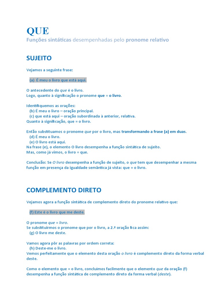 Função Sintática Que Pdf Pronome Assunto Gramática
