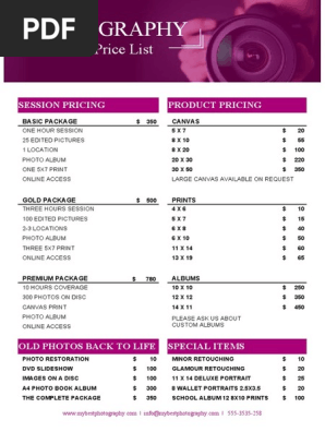 Photography Price List Template