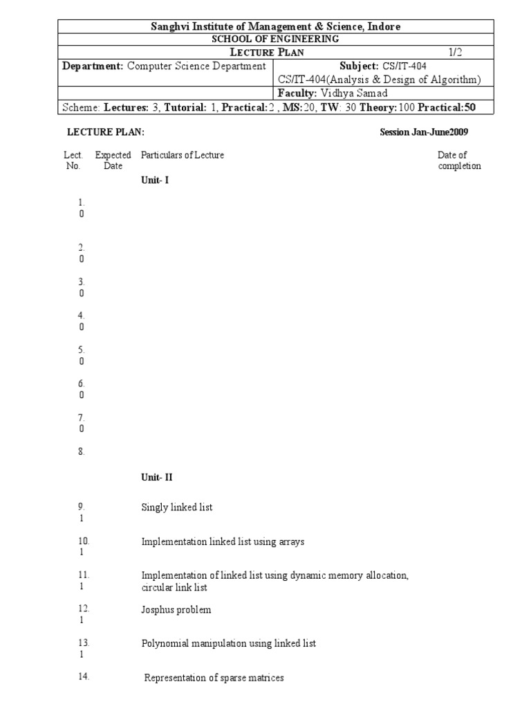 Lecture Plan of DSA | Computer Science | Algorithms