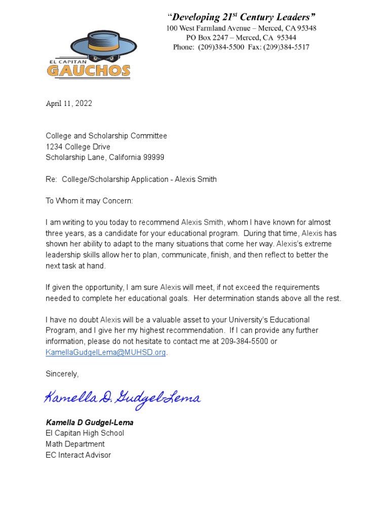 Recommendation for Alexis Smith's Scholarship | PDF | Career & Growth