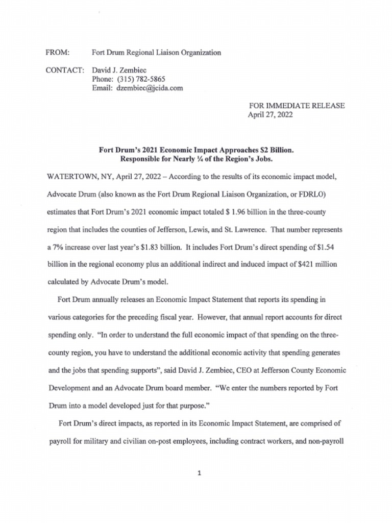 Regional Fort Drum Economic Impact Statement April 2022 PDF