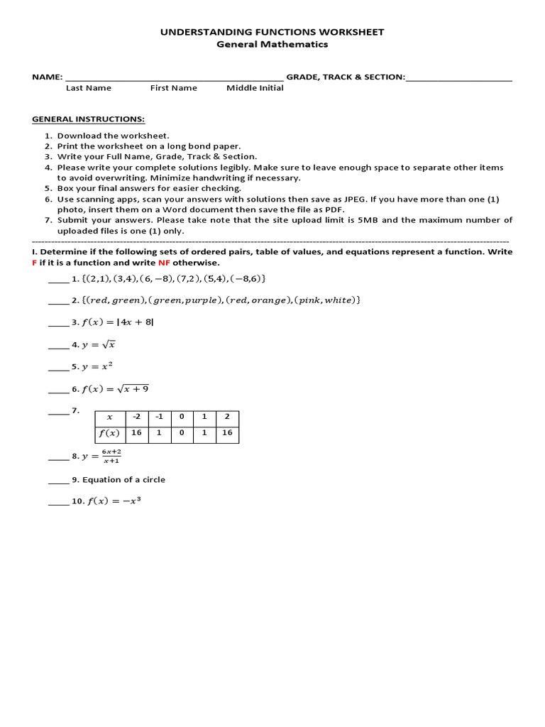 WORKSHEET 1 - Understanding Functions | PDF | Mathematics | Computing
