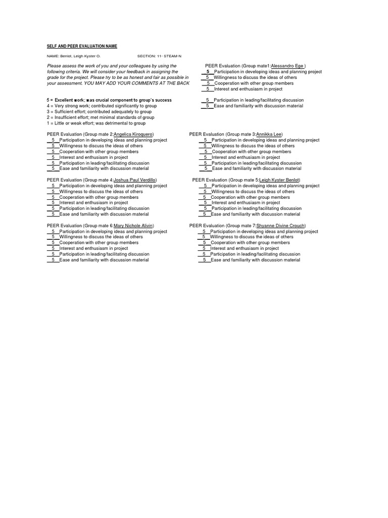 Self and Peer Evaluation | PDF