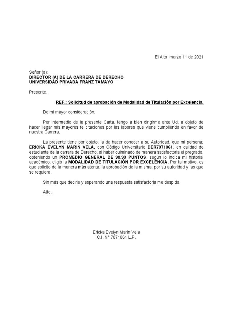 Carta Solicitud de Aprobación de Modalidad de Titulación Por Exclencia ...