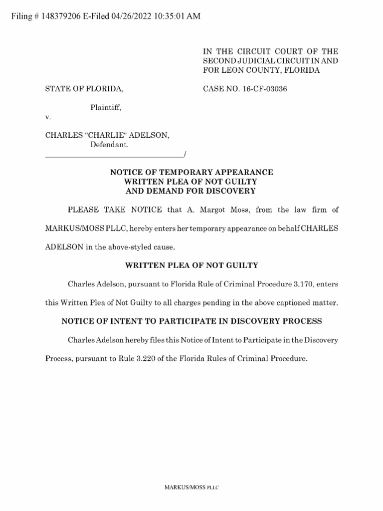 Adelson Not Guilty Written Plea | PDF