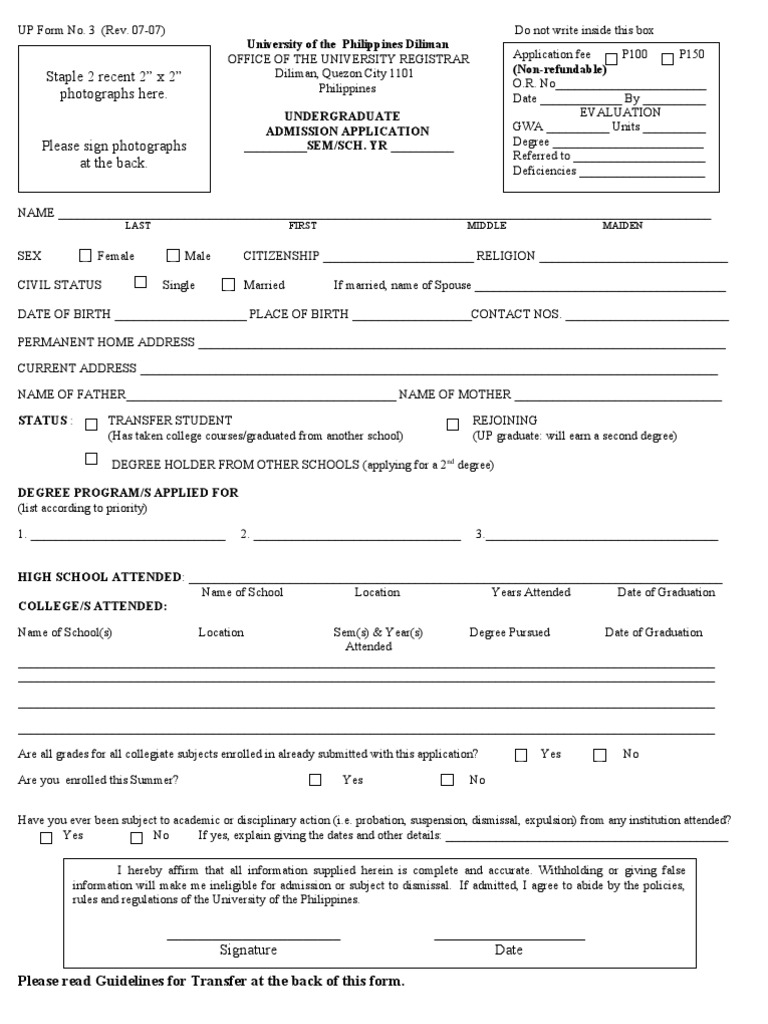 UP Diliman Undergraduate Admission Form | PDF