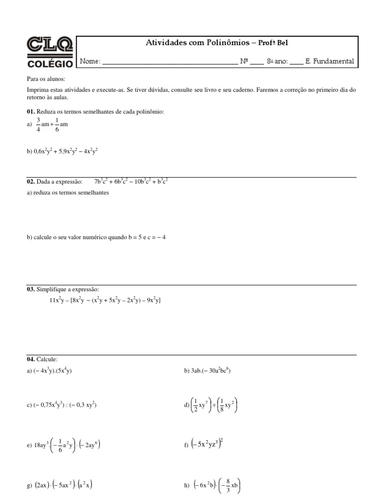 Atividades de Polinômios - 8º Ano | PDF | Ensino de Matemática ...
