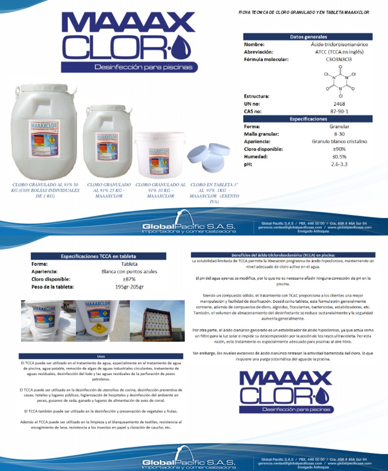 Ficha Tecnica Cloro Granulado Al 91 50 KG Con Bolsas Individuales de 1