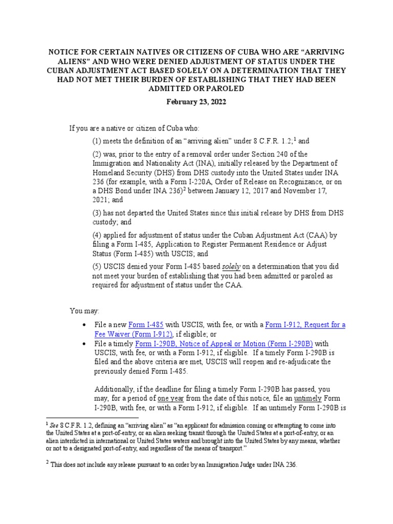 USCIS Notice For Cuban Adjustment Act Parole PDF Government