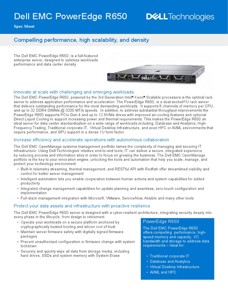 Dell Emc Poweredge r650 Spec Sheet | PDF | Solid State Drive | Data Center