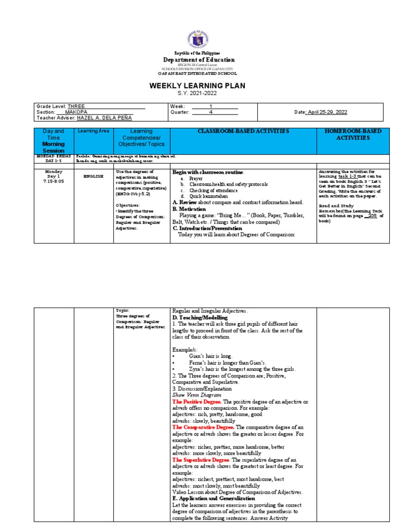 Weekly Learning Plan for Grade 3 English | PDF | Cognition | Cognitive ...