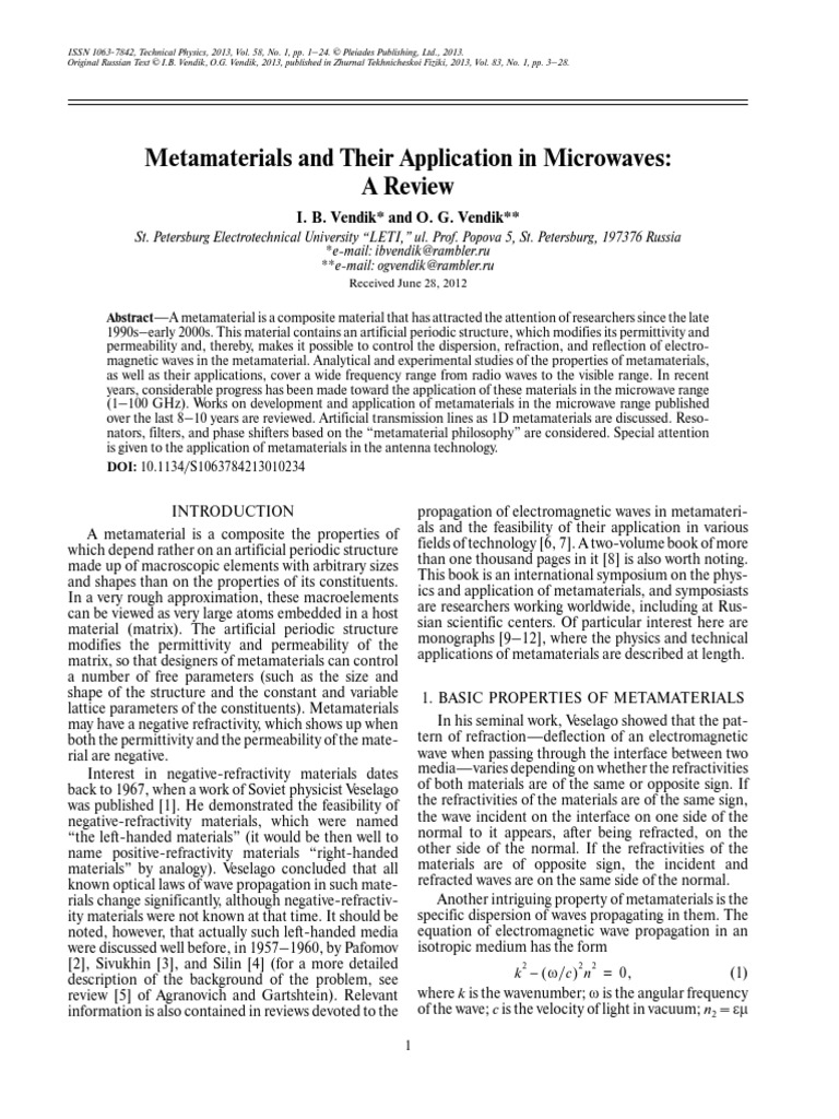 Metamaterials and Their Application in Microwaves A Review I. B