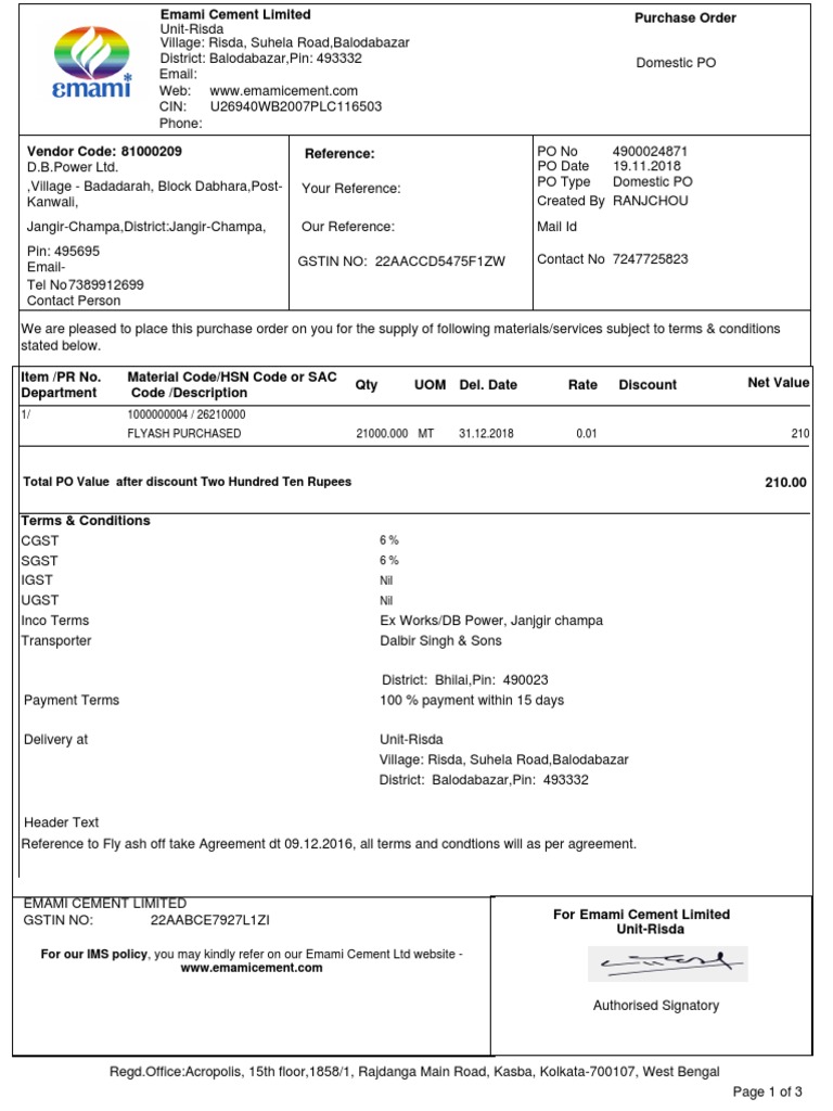 Total PO Value After Discount Two Hundred Ten Rupees | PDF | Service ...