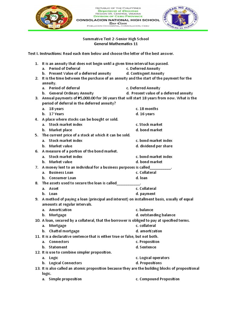 Grade 11 General Math Summative Test 2 | PDF | Stocks | Dividend