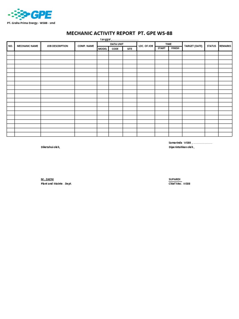 Daily Mechanic Activity Report | PDF