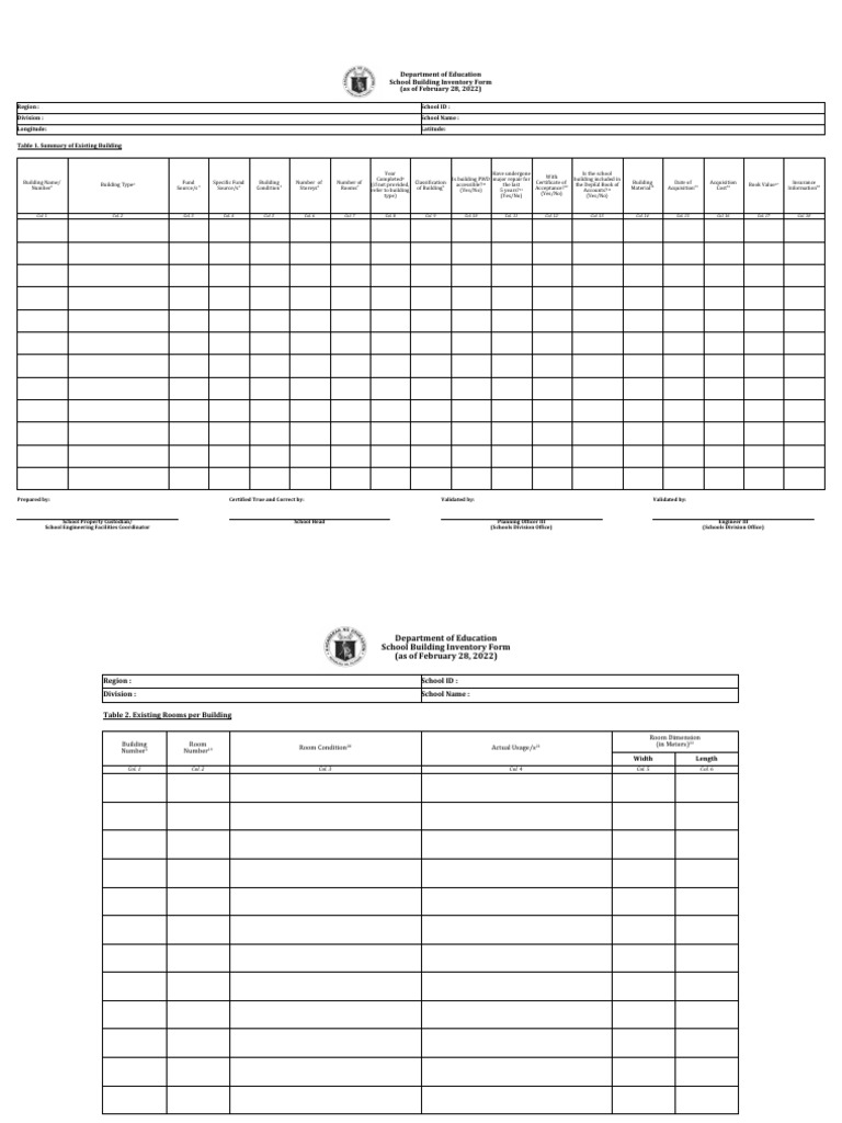 School Building Inventory Form 2022 | PDF | Building Materials | Toilet