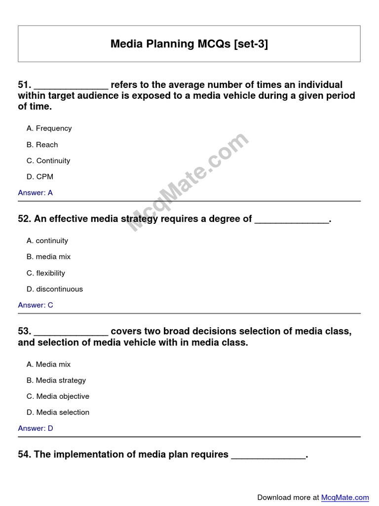 MediaPlanning Solved MCQs (Set3) PDF Mass Media Advertising