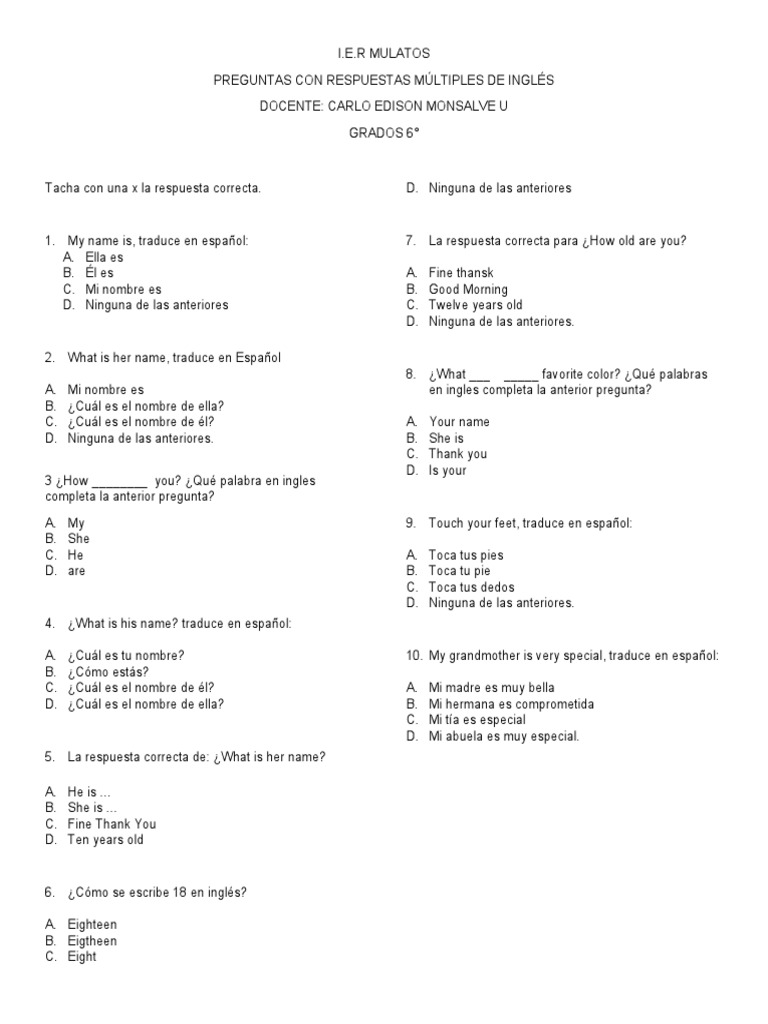 Preguntas Tipo Icfes de Ingles-Grado 6° Ier Mulatos | PDF