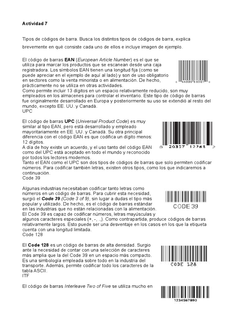 UD5 - Actividad 7 - Codigos de Barra | PDF | Código Universal de ...