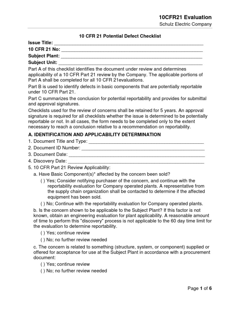 10 CFR 21 Defect Evaluation Checklist | PDF | Hazards | Nuclear ...
