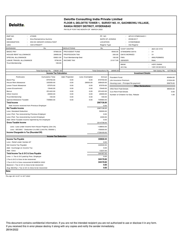 Pay Slip - 473995 - Mar-22 | PDF | Tax Deduction | Taxes