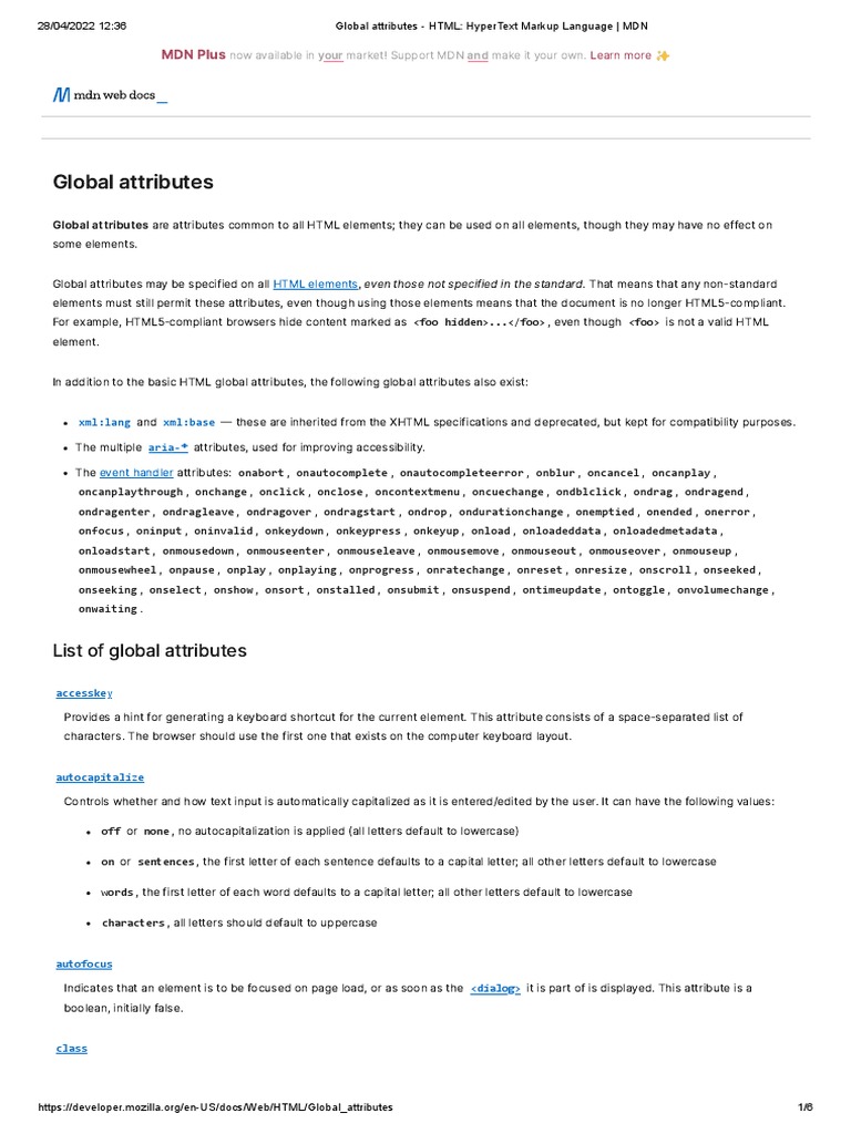 List of Global Attributes | PDF | Html | Html Element