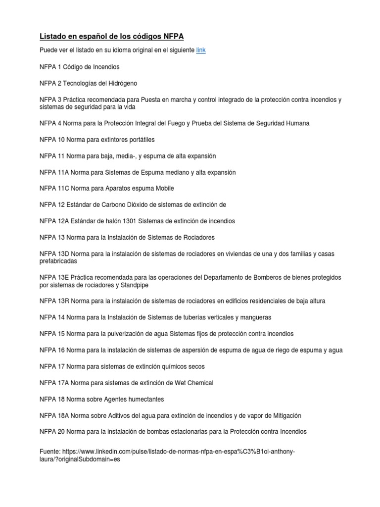 Listado en Español de Los Códigos NFPA | PDF | Bombero | Gas natural ...