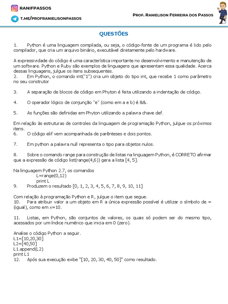 Questões sobre Programação em Python | PDF | Python (linguagem de ...