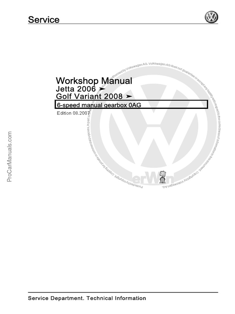 Volkswagen 6 Speed Manual Gearbox 0ag Manual Edition 082007